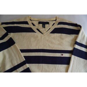 VTG Tommy Hilfiger V-Neck Sweater Mens Size XL Tan with Dark Blue Stripes